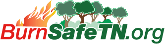 BurnSafeLogo_email Logo for BurnSafeTN.org with the text 'Burn' in red and 'SafeTN.org' in green, both outlined in white. Above 'Burn' is a graphic of orange and yellow flames, while above 'SafeTN.org' are green trees with brown trunks. The design highlights fire safety and environmental protection, set against a black background.
