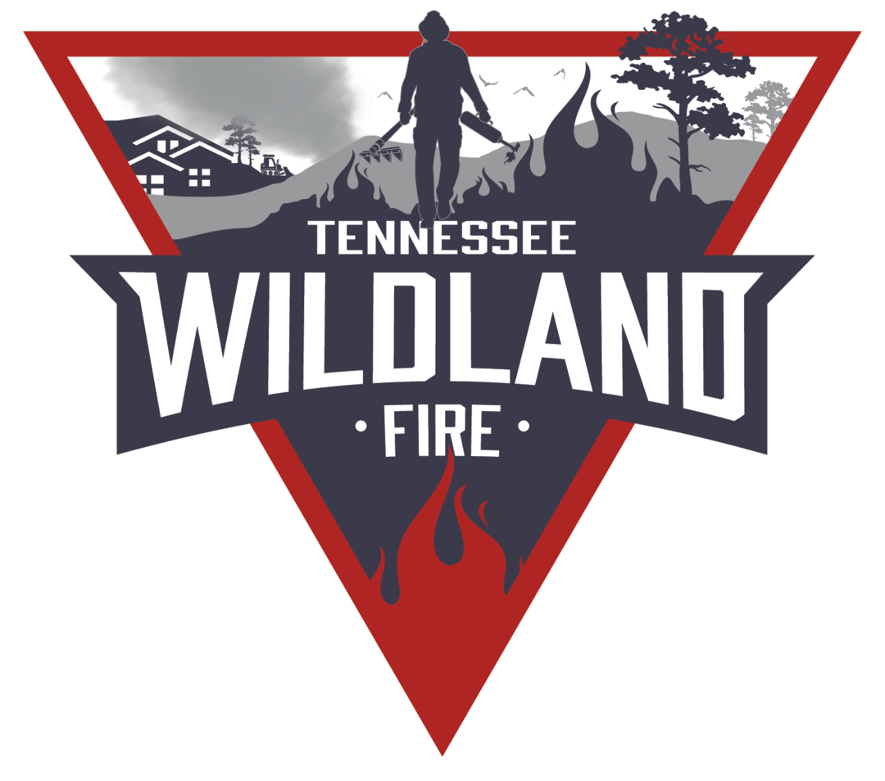 TNWildlandFire_Color Logo for Tennessee Wildland Fire in a shield-like shape with white and red borders. The top section depicts a smoky sky, hills, houses, trees, a firefighter silhouette with tools, and small flames. The central text 'TENNESSEE WILDLAND FIRE' is in bold white font on a dark blue background, and the bottom features stylized red flames, symbolizing wildland fire management and prevention.