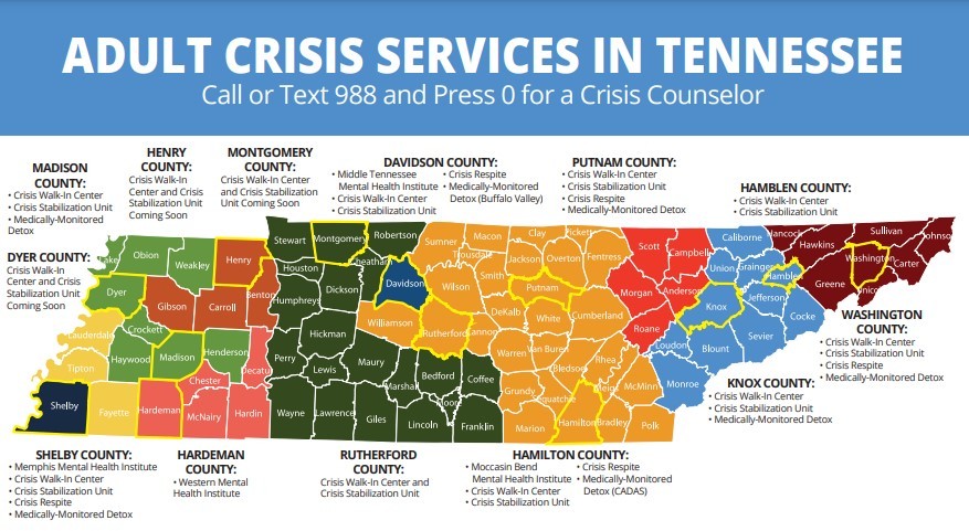 TN_Crisis_Services_Map_Image map of crisis services providers in tennessee. Information in this map is accessible in the table at the bottom of this page.