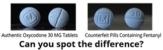 Fentanyl_Fake_Pills-05 illustration showing authentic oxycodone and counterfeit pills containing fentanyl