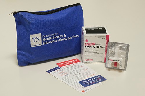 TDMHSAS_naloxone_kit image of blue bag naloxone kit showing narcan nasal spray