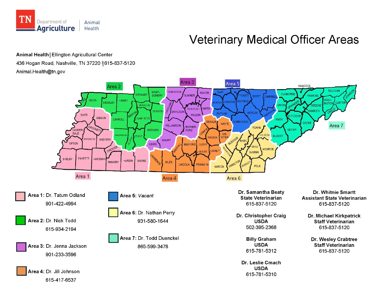 Veterinary Medical Officer Areas ADA Tennessee Map of Animal Health Veterinary Medical Officers with a list of those officers and there regions of coverage and contact information in text box below