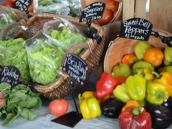 AgBusSCBG Produce including lettuces and peppers on a table for sale