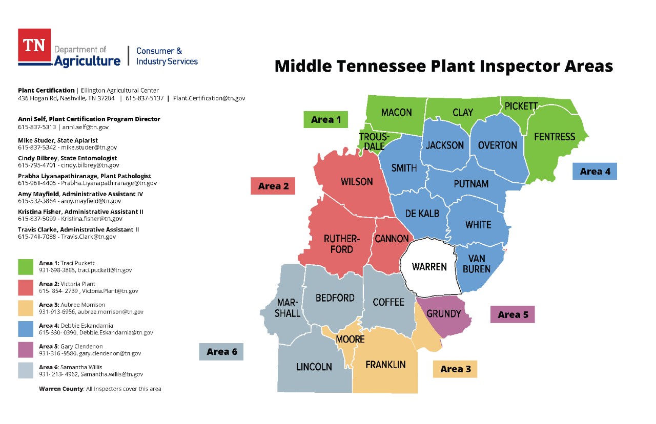 CIS-PlantInspectorMaps_Middle Middle Tennessee Plant Inspector Areas Map - details below