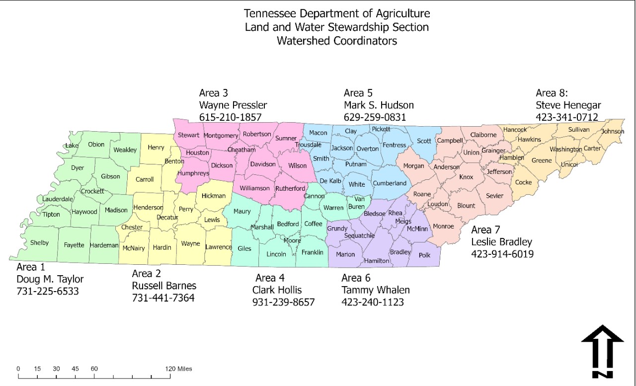 WC_Map0226 Tennessee Department of Agriculture Land and Water Stewardship Section Watershed Coordinators Map of area coordinators with area regional coordinators listed below including their contact information as well as their areas served.