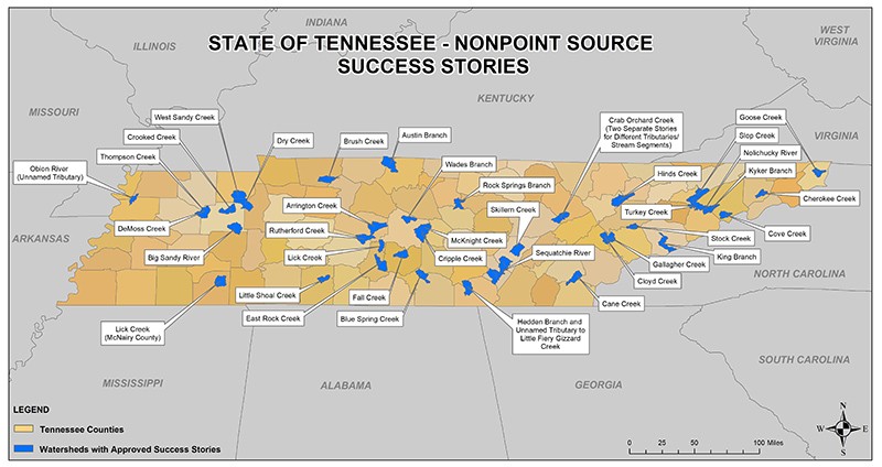Map of the State of Tennessee's Nonpoint Source Success Story Watersheds Map of the State of Tennessee's Nonpoint Source Success Story Watersheds
