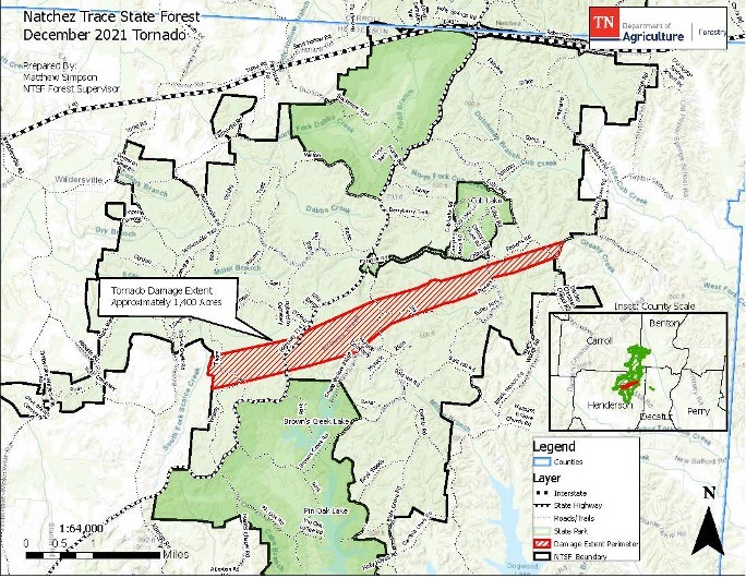 MAP - Tornado Damage Map of path on December 10, 2021 strong tornado passed through central Henderson County damaging homes and severely affecting several thousand acres of timberland. The tornado cut a path approximately 6-miles long through Natchez Trace State Forest, causing heavy damage to approximately 1,400 acres of state property managed by the Tennessee Department of Agriculture Division of Forestry (TDF).
