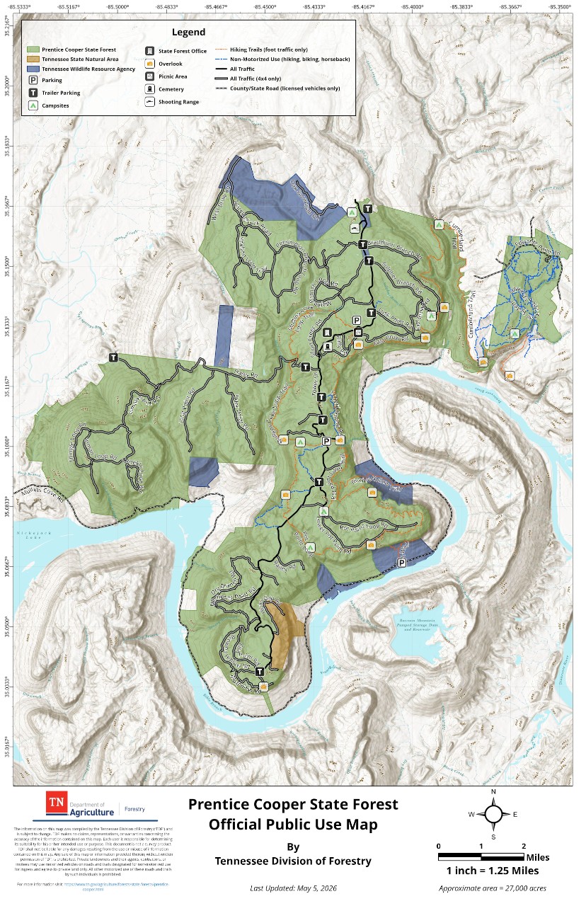Prentice Cooper_Public Use_20260505 Official Public Use Map of Prentice Cooper State Forest, about 27,000 acres, published by the Tennessee Division of Forestry. The map shows the forest boundary, trail system, road designations, State Forest Office, parking areas, campsites, picnic areas, a shooting range, overlooks and adjacent state natural area and wildlife resources agency lands.