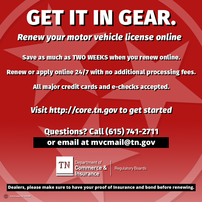 Get It In Gear Get It In Gear. Dealers, please make sure to have your proof of Insurance and bond before renewing.