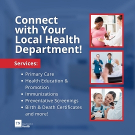 connect Image with simple list of services available at local health departments in Tennessee which links to the local health departments contact list.