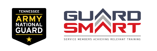 Tennessee Army National Guard logo, a black shield with a star and the words Tennessee Army National Guard and beside it is the GuardSMART logo, a red blue and grey logo that says Guard Smart with the A in both words represented as a Sergeant rank logo Tennessee Army National Guard logo and GuardSMART Service Members Achieving Relevant Training logo
