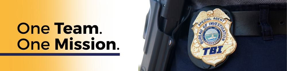 One Team. One Mission. - 1 Banner graphic featuring the TBI badge on an agent's hip, along with the text, 'One Team. One Mission.'