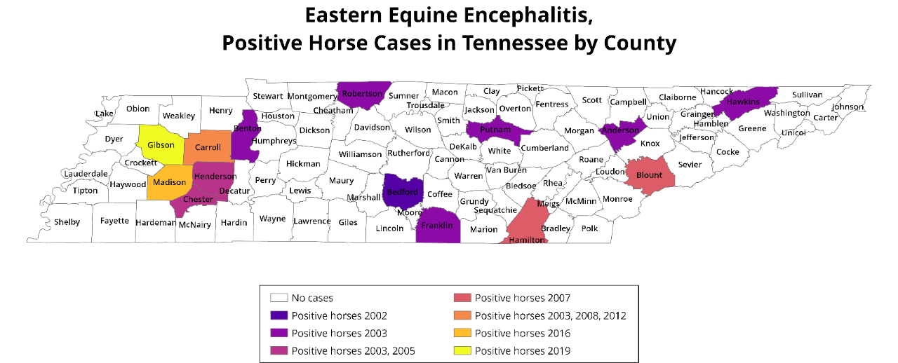 EEE case map across Tennessee by county Map of Tennessee counties showing locations and years of reported Eastern Equine Encephalitis positive horse cases.
