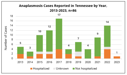 Anaplasmosis cases by year and hospitalization status Bar chart showing annual anaplasmosis cases in Tennessee from 2013 to 2023, categorized by hospitalization status.