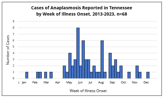 Anaplasmosis cases by onset week Histogram showing anaplasmosis cases in Tennessee by week of illness onset, with most cases occurring in late spring and summer.