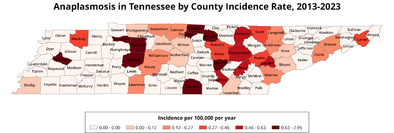 Anaplasmosis case map across Tennessee by county Map of Tennessee counties showing anaplasmosis incidence rates from 2013 to 2023.