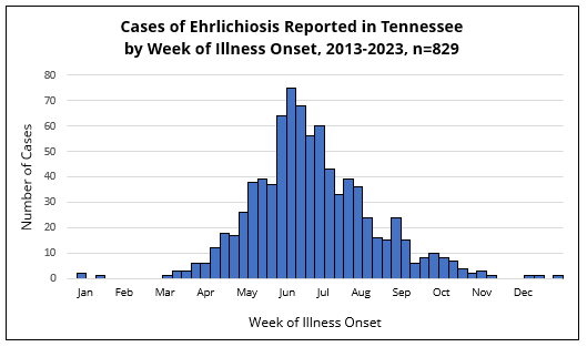 Ehrlichiosis cases by onset week Histogram showing ehrlichiosis cases in Tennessee by week of illness onset, with most cases occurring in late spring and summer.