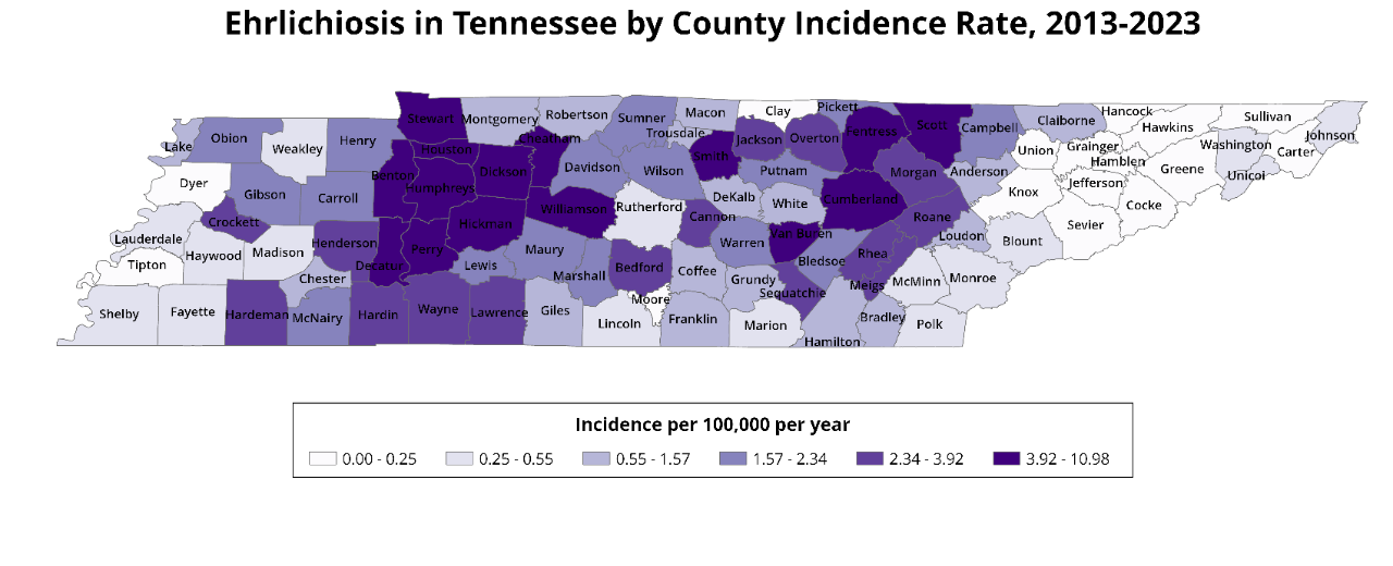 Ehrlichiosis case map across Tennessee by county Map of Tennessee counties showing ehrlichiosis incidence rates from 2013 to 2023.