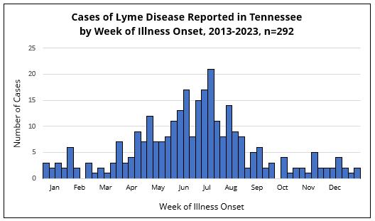 Lyme disease cases by onset week Histogram showing Lyme disease cases in Tennessee by week of illness onset, with most cases occurring in late spring and summer.