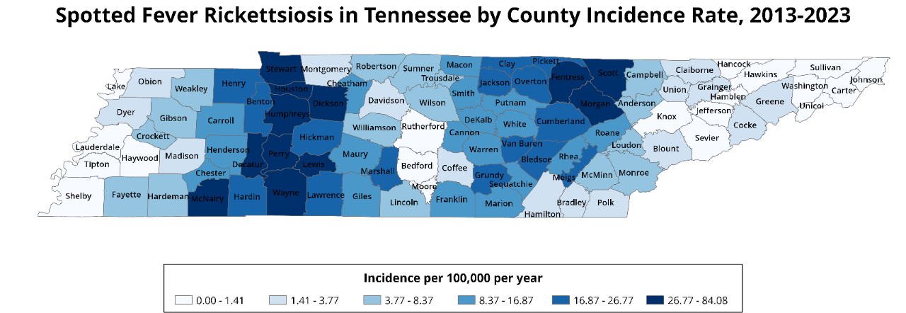 RMSF case map across Tennessee by county Map of Tennessee counties showing spotted fever rickettsiosis incidence rates from 2013 to 2023.