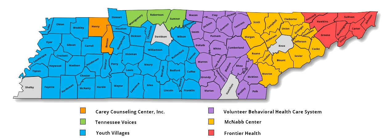 JJR_Grant_recipient_map image of tennessee map showing counties and providers in the JJR program. Same information is published below in accessible table format.