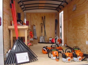 Cindy Barrett, Long Branch Lakes Hazard Mitigation Committee Chair. Equipment trailer and tools for Long Branch Lakes Firewise USA Community funded through a 2019 Hazard Mitigation Grant.