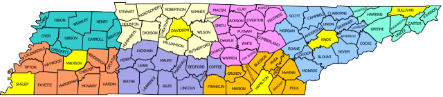 Tennessee Health Regions and Counties Map