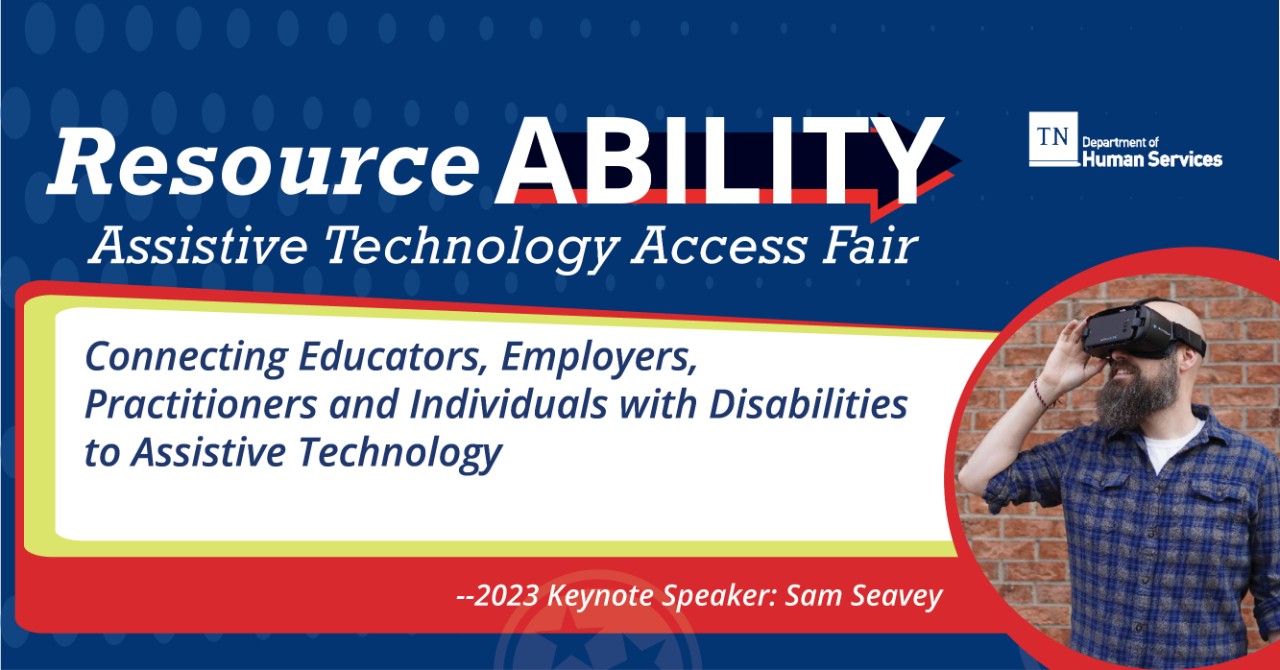 Image of man wearing assistive technology headset; text: ResourceAbility Assistive Technology Access Fair