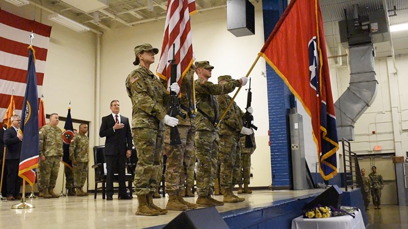 A Tennessee National Guard color guard presents the American flag during a change of command ceremony for Maj. Gen. Jeff Holmes, the 76th Adjutant General, at the Joint Force Headquarters in Nashville on March 3, 2019. (U.S. Army photograph courtesy of Sgt. Robert Mercado)   