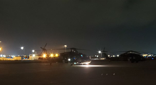 A UH-60L Blackhawk helicopter from the Tennessee National Guard’s Detachment 1, Company C, 1-171st Aviation Regiment prepares to take-off from Joint Base McGhee-Tyson in Knoxville at approximately 2:15 a.m., Oct. 28. (Submitted photo)