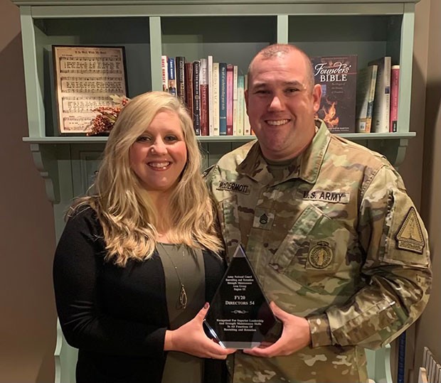(Courtesy Photo: Staff Sgt. Aaron McDermott poses with his wife Jill after being awarded the Strength Maintenance Area Group III (Southeast region) Recruiting and Retention NCO of the Year, Nov. 20.)