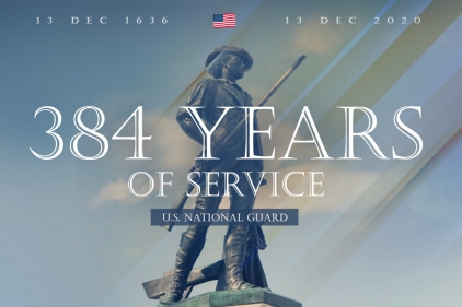 Minuteman statue and text reading 384 Years of Service National Guard Dec. 13, 1636 - Dec. 13, 2020 