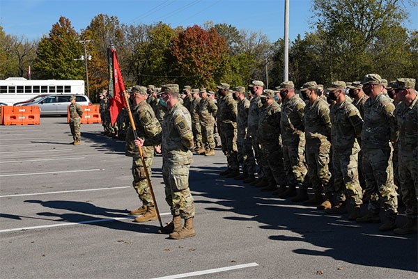 Soldiers from the 913th Engineer Company and the 269th Military Police Company conduct a final formation after returning home from a yearlong deployment, Nov. 1, at Smyrna’s Volunteer Training Site after supporting operations near Laredo, Texas. (Photo by Edgar Castro)