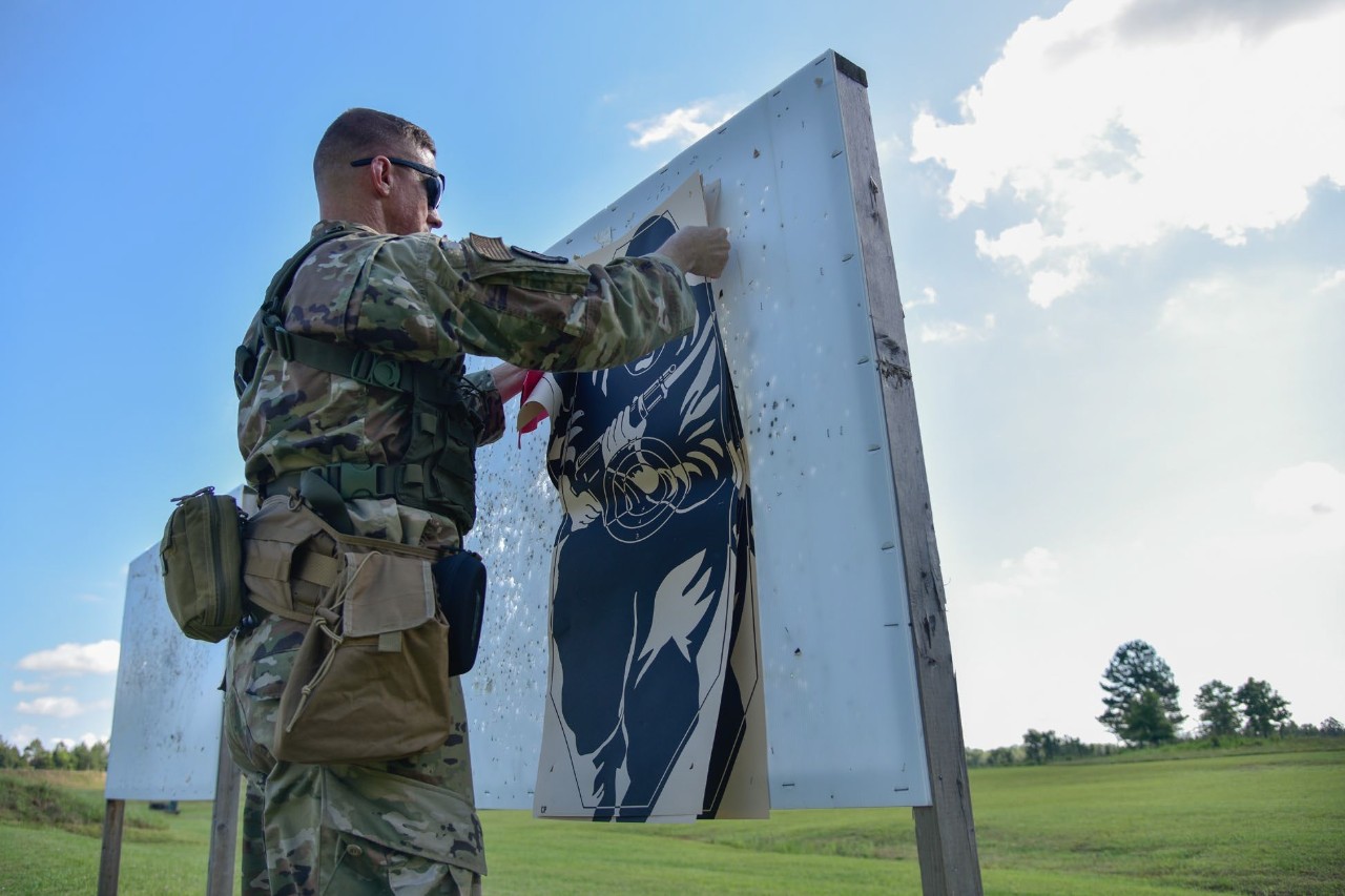 A member of the Tennessee National Guard takes down a target at a rifle range, June 27, during the TAG Match, at Tullahoma’s Volunteer Training Site. The TAG Match is an annual marksmanship competition and training event that is hosted by the Tennessee Combat Marksmanship Program. (Photo by Sgt. 1st Class Timothy Cordeiro)