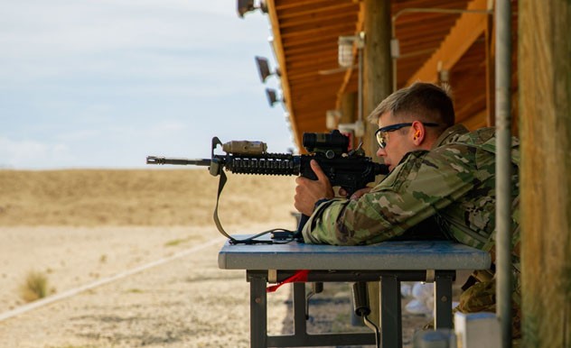 Sgt. Cole Lukens from the Tennessee Army National Guard’s 208th Area Support Medical Company in Smyrna fires an M-4 rifle during the Army National Guard’s Best Warrior Competition in Arizona on July 20. Lukens won the Best Warrior Competition and is the 2021 Army National Guard Soldier of the Year. (Submitted photo)