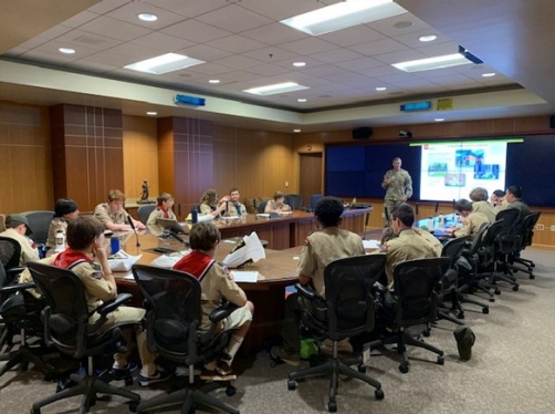 Tennessee’s Adjutant General, Maj. Gen. Jeff Holmes, teaches a class on architecture during the Merit Badge University on April 30. Over 50 Soldiers and Airmen offered 23 different specialized merit badge classes for the Scouts to choose from. Over 400 participants registered with roughly 20 Scouts per class. (Photo by: Lt. Col. Marty Malone)