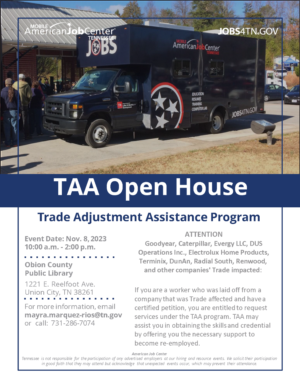 TAA Open House - Union City, TN, 11/8/2023, Obion County Public Library