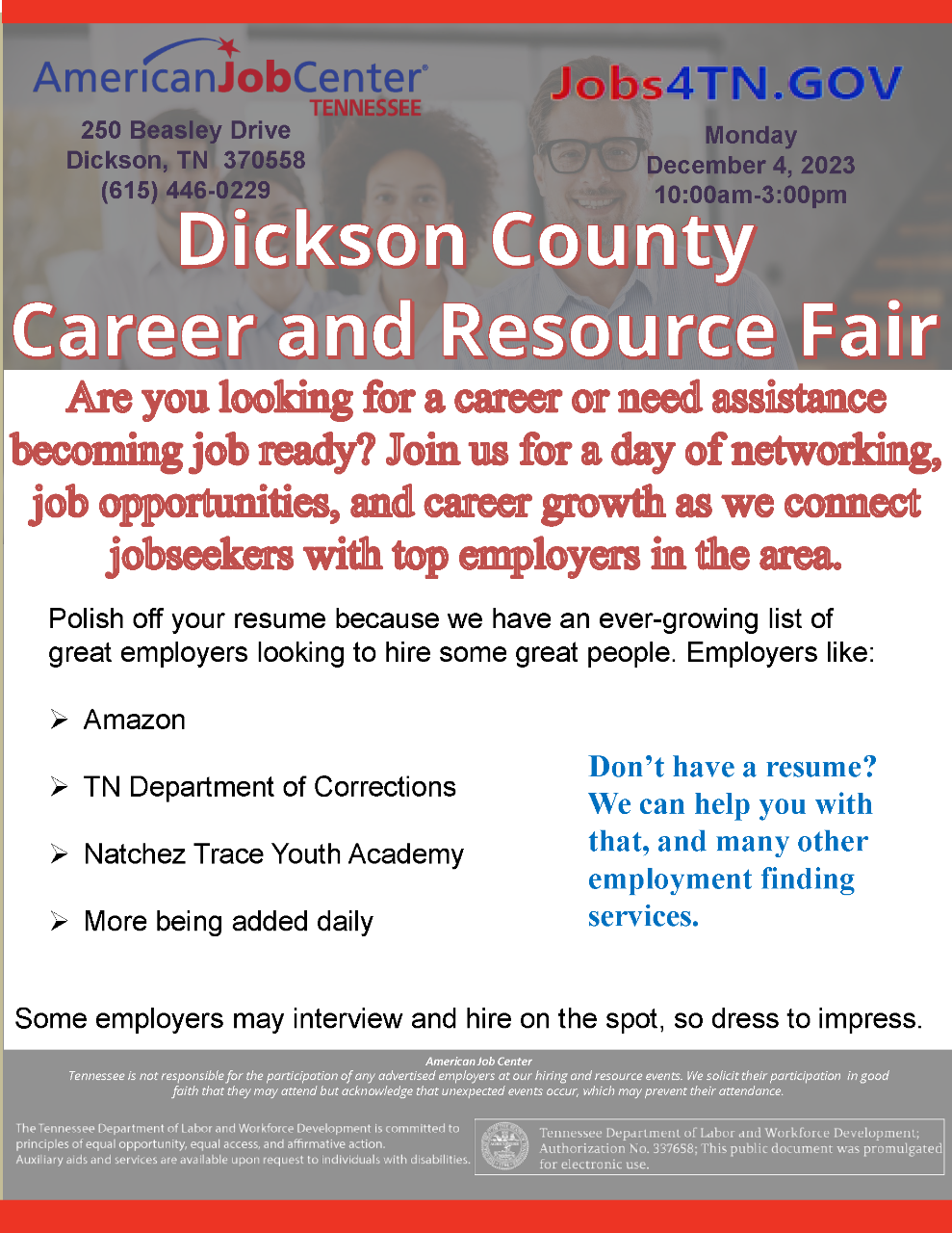 Dickson County Career and Resource Fair, December 4, 2023, 10 a.m. to 3 p.m., Dickson, TN, AJC
