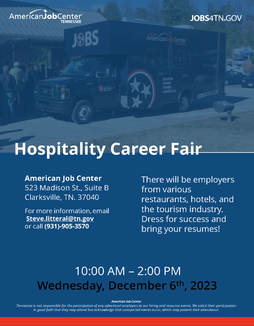 Hospitality Career Fair in Clarksville, TN, AJC, December 6, 2023, 10 a.m. to 2 p.m. CST