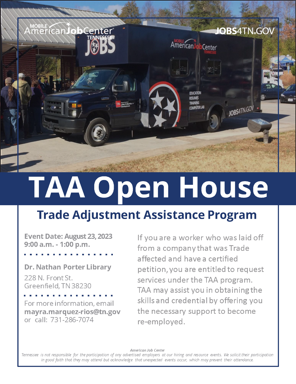 TAA Open House - Greenfield, TN, August 23, 2023, 9 a.m. to 1 p.m. CDT