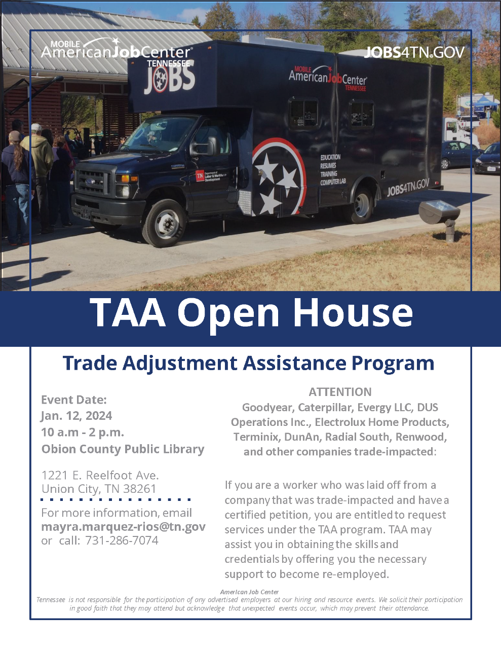 TAA Open House - Union City, TN, 1/12/2024 from 10 a.m. to 2 p.m.