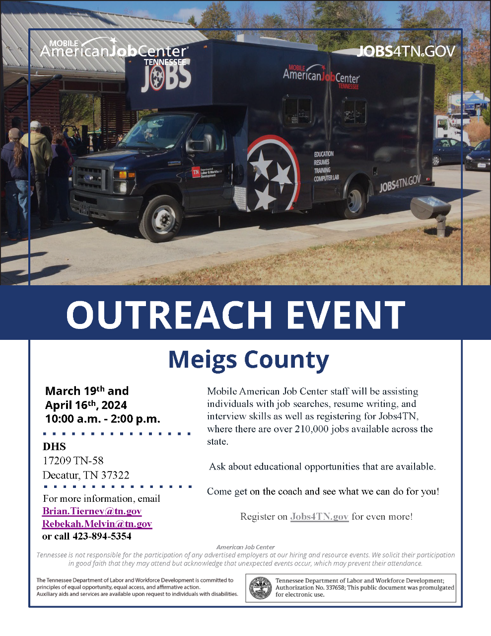 Outreach Event in Meigs County on March 19, 2024, and April 16, 2024, from 10 a.m. to 2 p.m. EDT