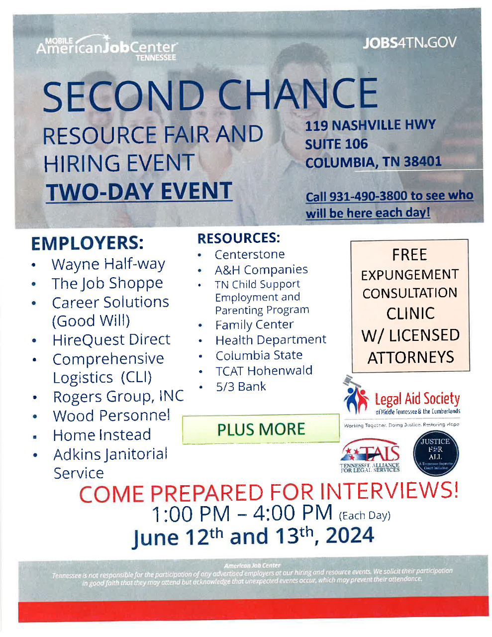 The Second Chance Resource Fair and Hiring Event is June 12-13