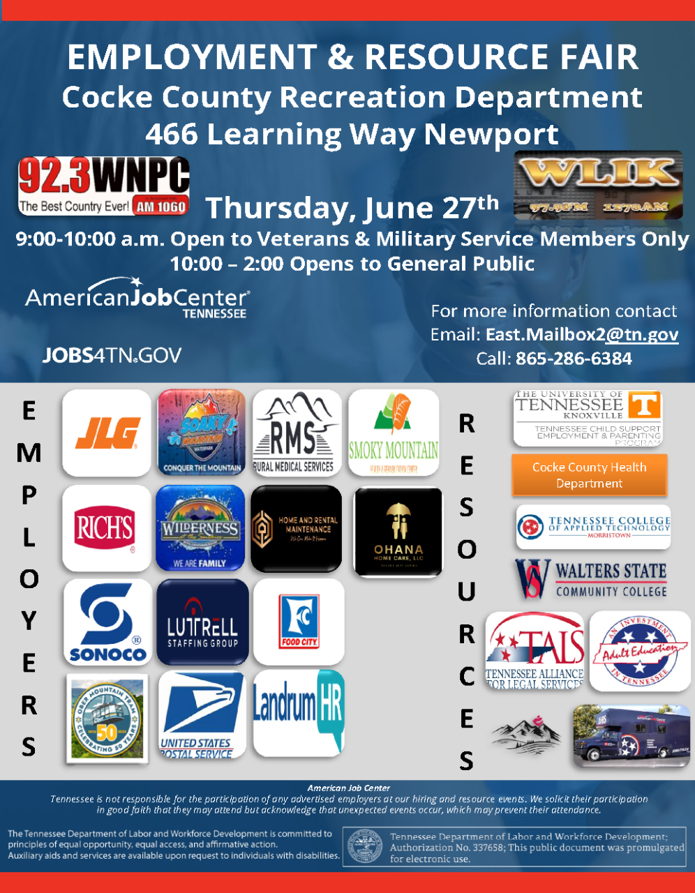 The Employment & Resource Fair in Cocke County is June 27, 2024