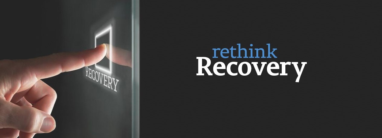 Finger touching a futuristic button labeled "Recovery" with the words "Rethink Recovery" shown as the title.