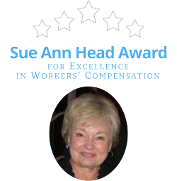 A graphic with five stars, the text "Sue Ann Head Award for Excellence in Workers' Compensation" and a photo of Ms. Sue Ann