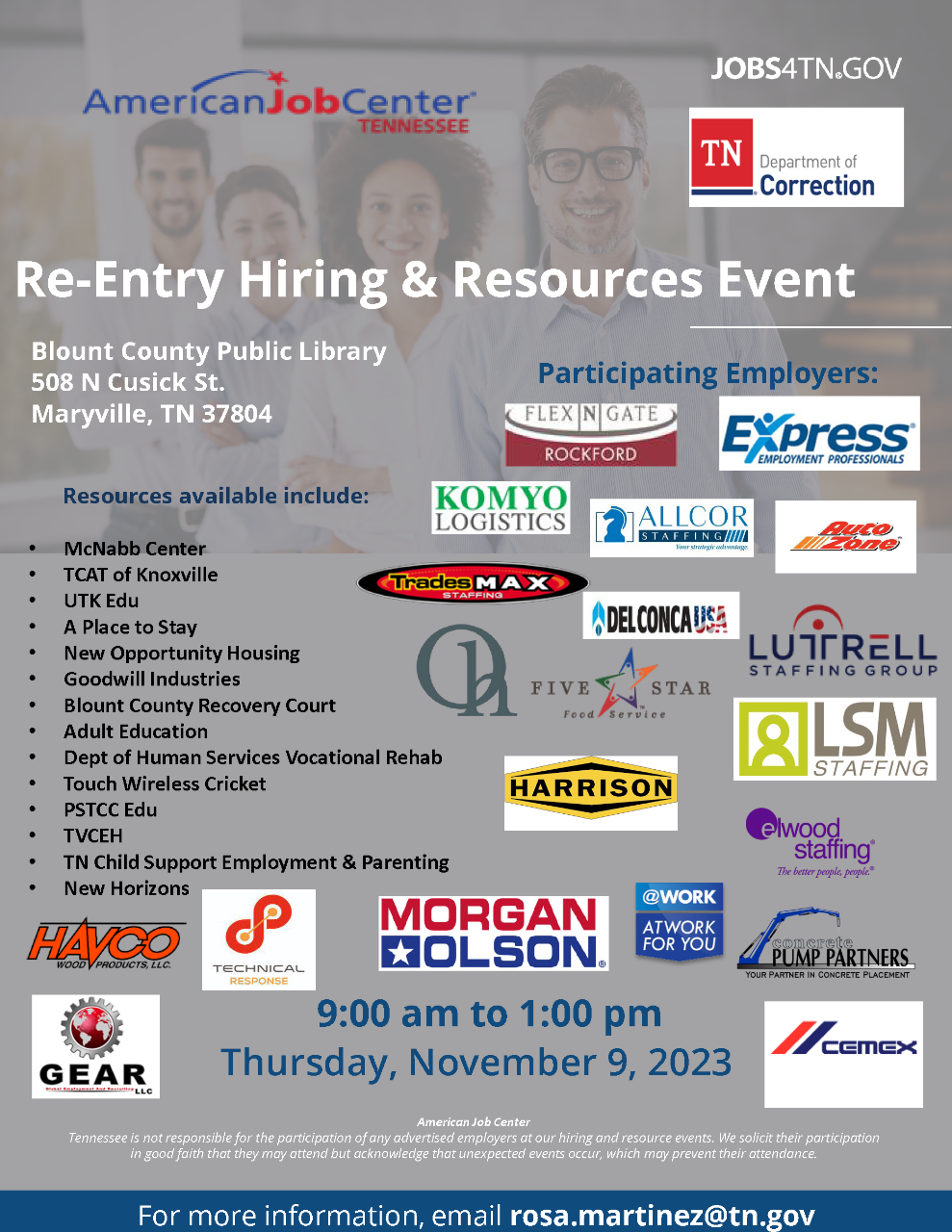 Reentry Multi-Employer Hiring Event, Maryville, TN 11/9/2023