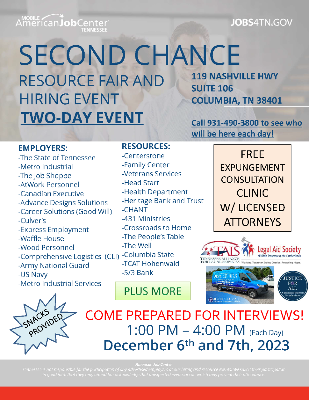 Second Chance Resource Fair and Hiring Event, Columbia, TN, September 20 and 21, 2023