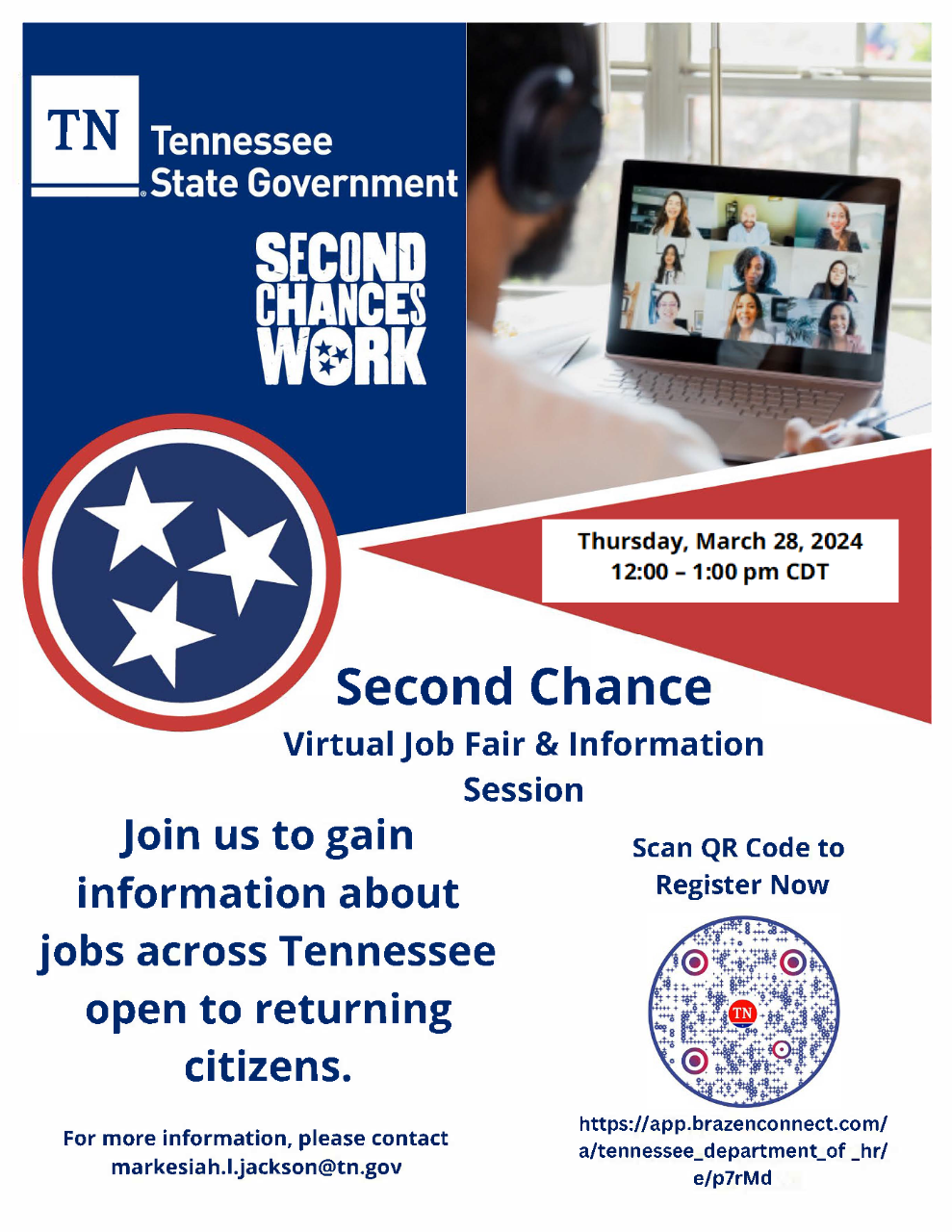 TN DOHR Second Chance Virtual Job Fair and Information Session 3/28/2024, from noon to 1 pm CDT