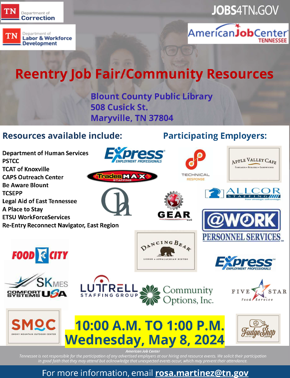 The Reentry Job Fair in Blount County is May 8, 2024